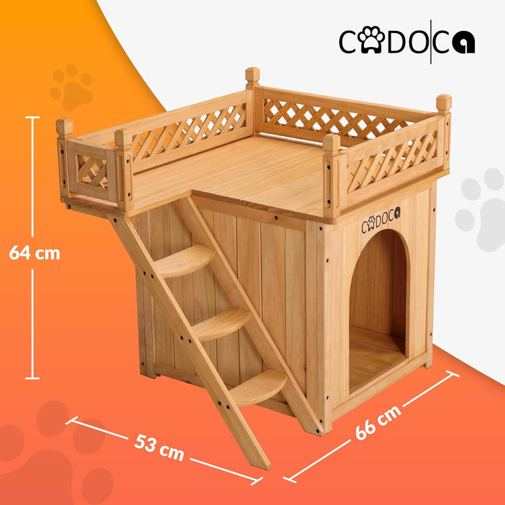 CADOCA® Tierhaus FSC®-Zertifiziert Kiefer 65x55x54cm 2-stöckig Treppe Sonnenterrasse Katzenhaus Katz