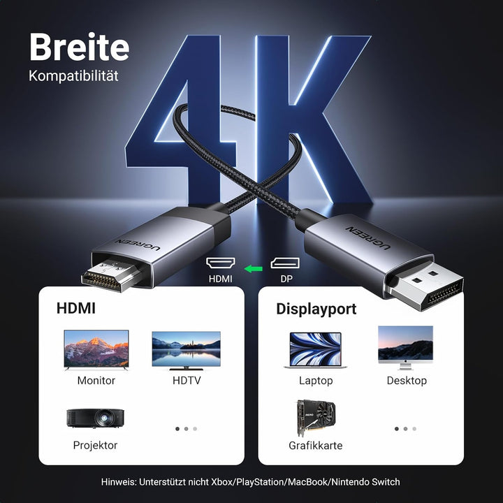 UGREEN 4K@60Hz DisplayPort zu HDMI Kabel DP zu HDMI Kabel Uni-Direktional DP 1.2 zu HDMI 2.0 Kabel H