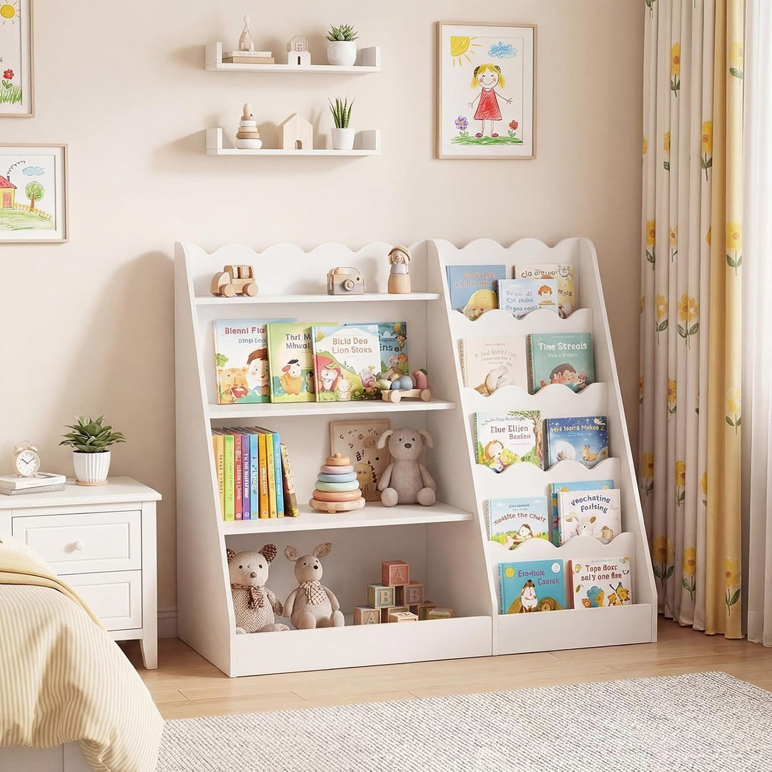 COSTWAY Kinder Bücherregal aus Holz, 5 stufiges Kinderregal mit 4 offenen Ablagen & versteckem Ablag