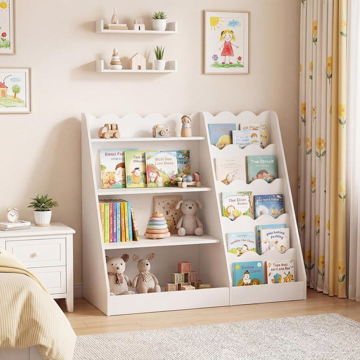COSTWAY Kinder Bücherregal aus Holz, 5 stufiges Kinderregal mit 4 offenen Ablagen & versteckem Ablag