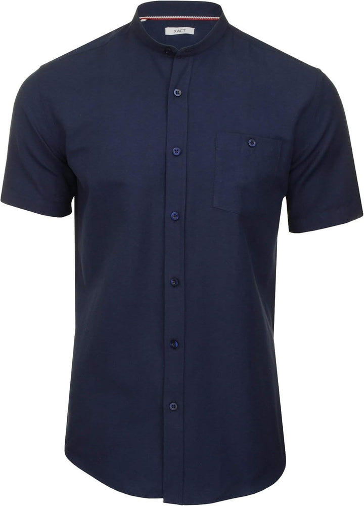 Xact Herren Oxford Grandad-Mandarinkragen Kurzarmhemd M Dark Navy, M Dark Navy