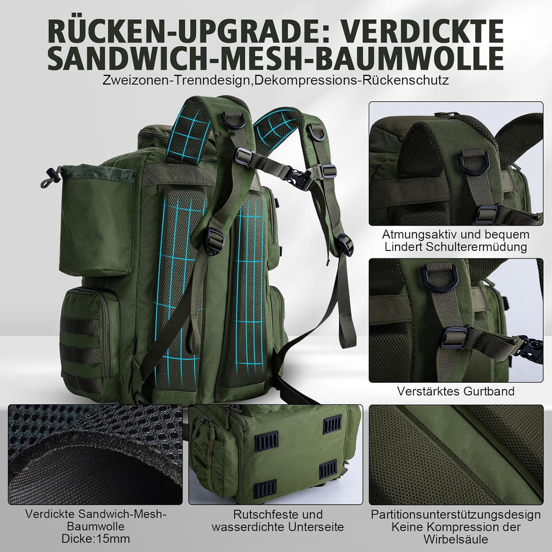 Goture Angelrucksack mit 4 Köderbox Angeln, 45-Liter Angelzubehör-Rucksack mit Zwei Rutenhaltern und
