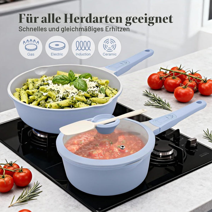 Keramik Stielkasserolle 18 cm mit Deckel, 2L Antihaft- Blau-grau | Keramikbeschichtung Kasserolle mi