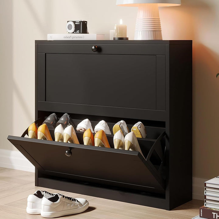 VOWNER Schuhschrank mit 2 Klappen, Schuhregal Schuhkipper Schmal, mit 4 Fächern, Schuhschrank Schwar