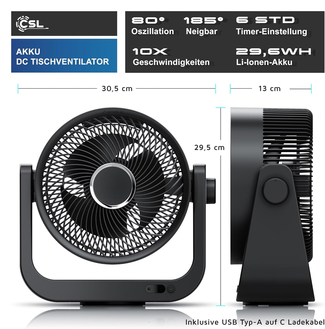 CSL - Akku Tischventilator mit Fernbedienung – sehr leise - Oszillation – 10 Geschwindigkeitsstufen