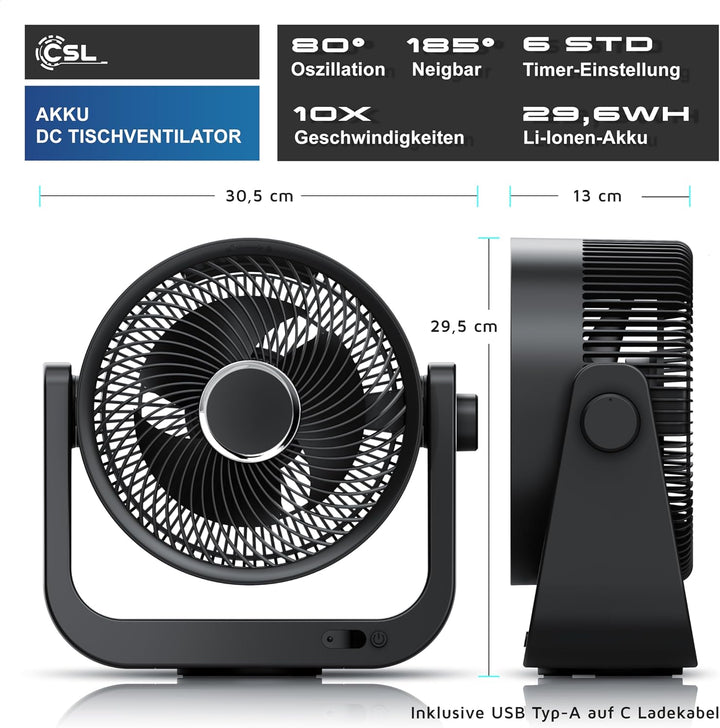 CSL - Akku Tischventilator mit Fernbedienung – sehr leise - Oszillation – 10 Geschwindigkeitsstufen