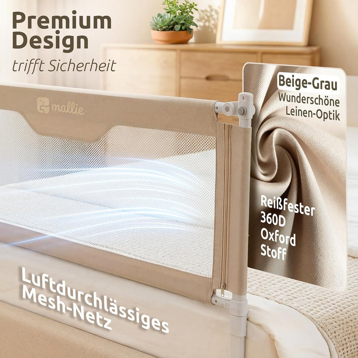Mallie® Rausfallschutz Boxspringbett 200x200cm Elternbett Beige | 3-seitiges Set mit MALLIEFIX 2.0 C