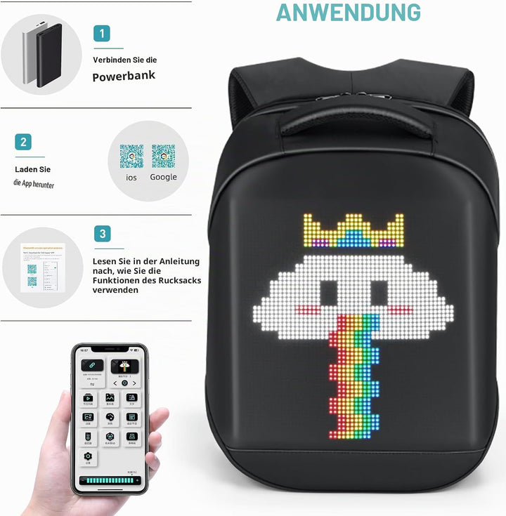 Gelrova LED Rucksack mit App-Steuerung, Dynamische LED Display, Laptop-Rucksack, Leicht &amp; Langlebig,