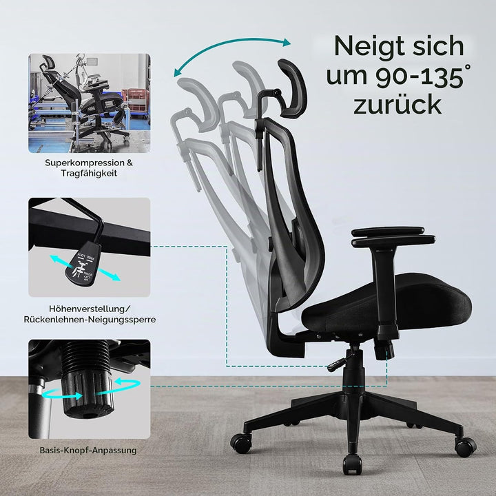 Ergonomischer Bürostuhl mit Verstellbar 3D Armlehne Kopfstütze und Lendenwirbelstütze, Schreibtischs