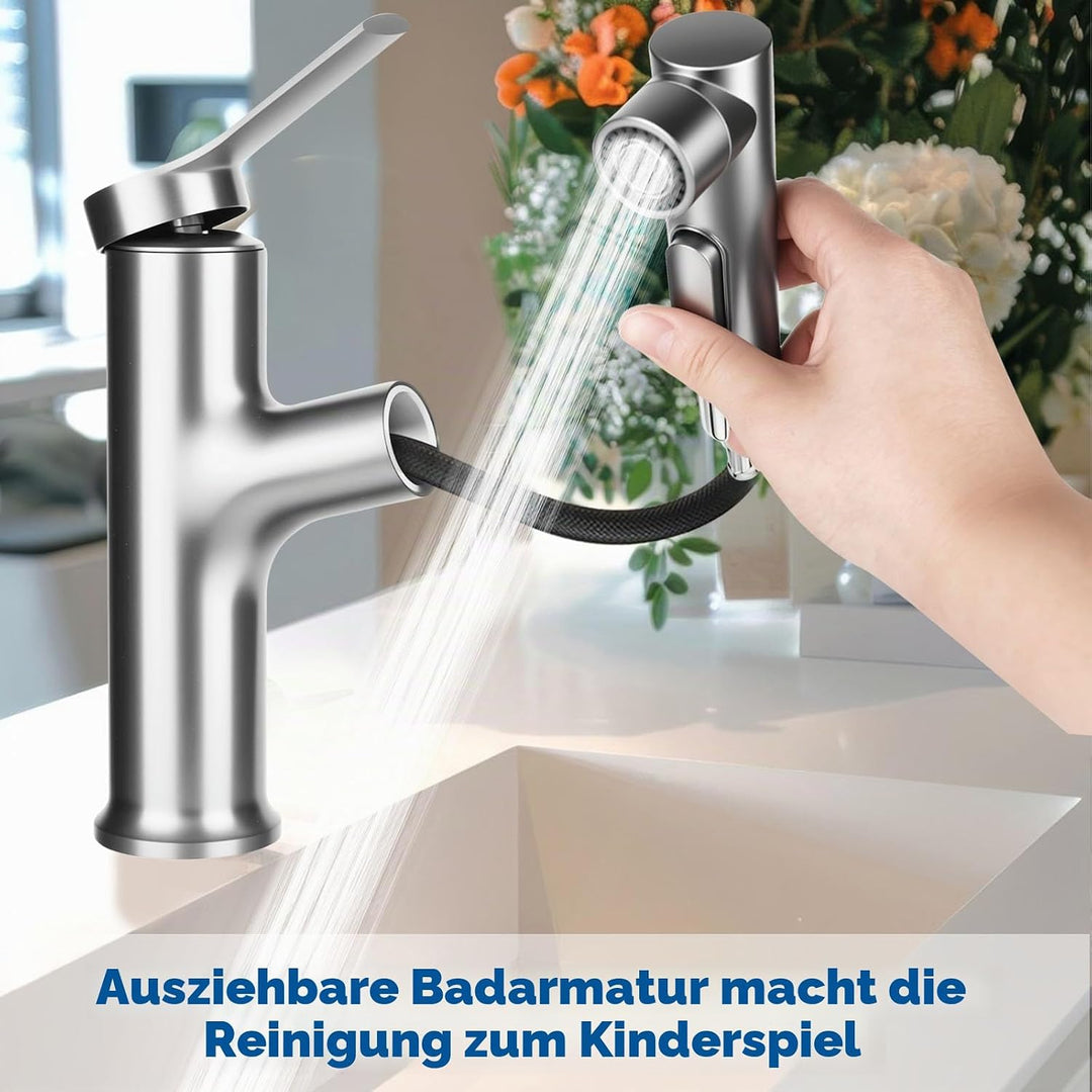 Wasserhahn Bad mit Ausziehbar Brause, Hochdruck Waschtischarmatur Einhebelmischer Mischbatterie mit