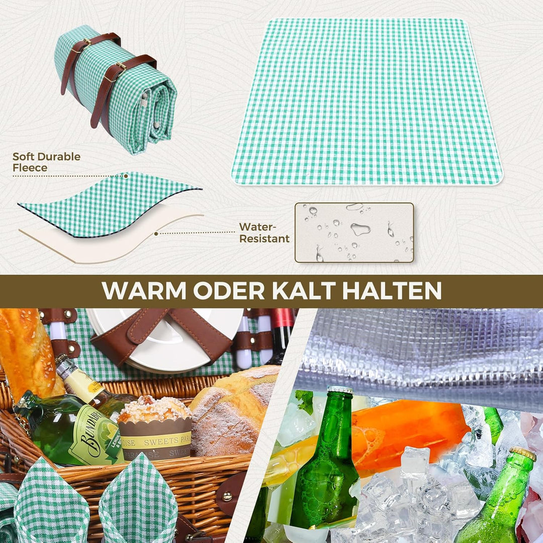 Picknickkorb Set für 4 Person mit Kühlfach und wasserdichte Picknickdecke, Abnehmbarer Riemen, Beste