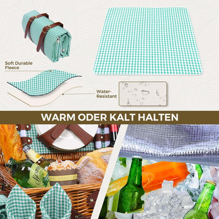 Picknickkorb Set für 4 Person mit Kühlfach und wasserdichte Picknickdecke, Abnehmbarer Riemen, Beste