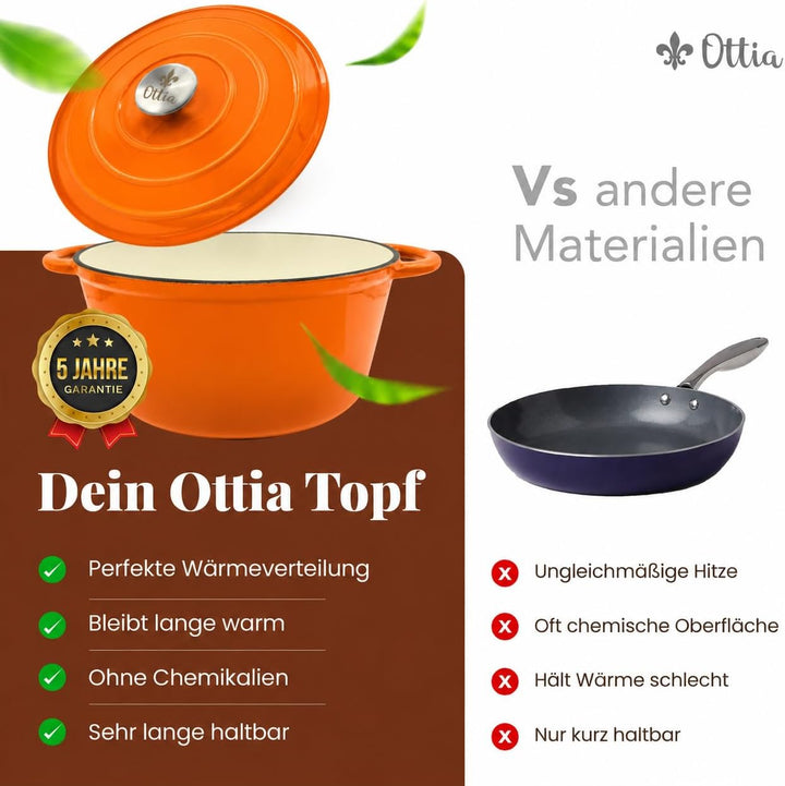 Ottia Gusseisen Topf [inkl. eBook] – Emaille Topf 26cm - Dutch Oven, Brotbackform, Brotbacktopf, Sch