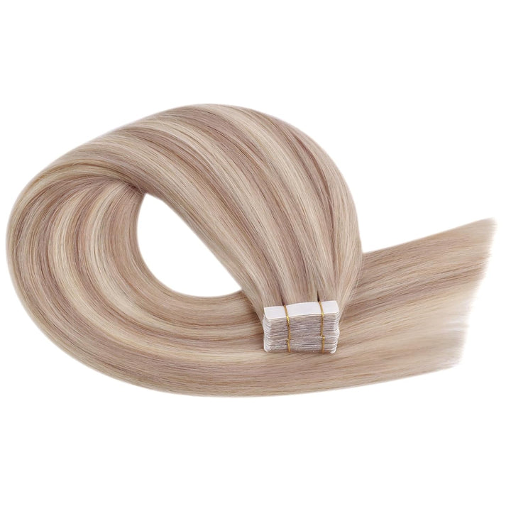 Ugeat Tape in Extensions Echthaar Blond Gesträhnt Haarverlängerung Echthaar Tape 20 Stücke P18/613 A
