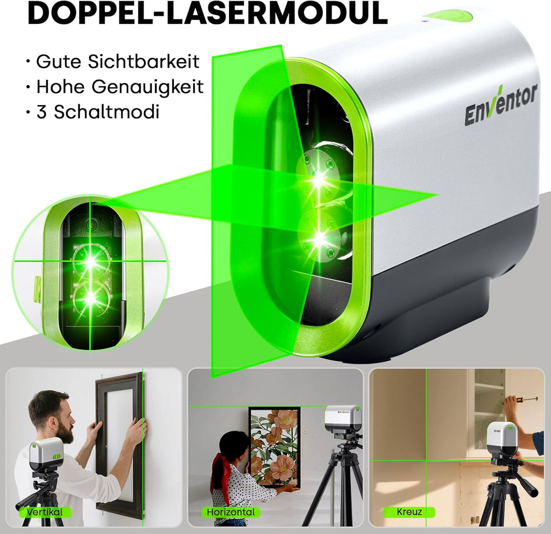 ENVENTOR Kreuzlinienlaser Grün, 50m Selbstnivellierend Laser Wasserwaage, Linienlaser mit Dualem Las