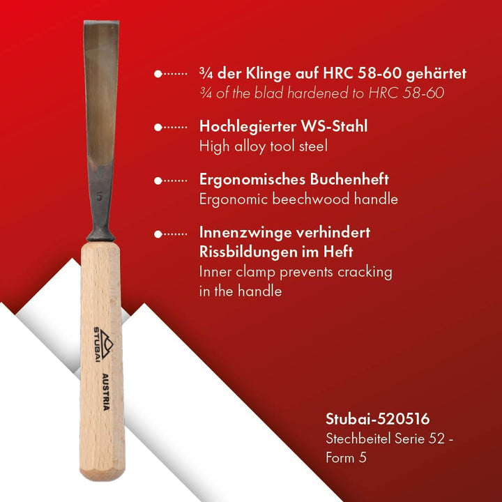 STUBAI Stemmeisen Stechbeitel Serie 52 - Form 5 | Gerades Hohleisen - 16 mm, mit Holzgriff, zum Vors