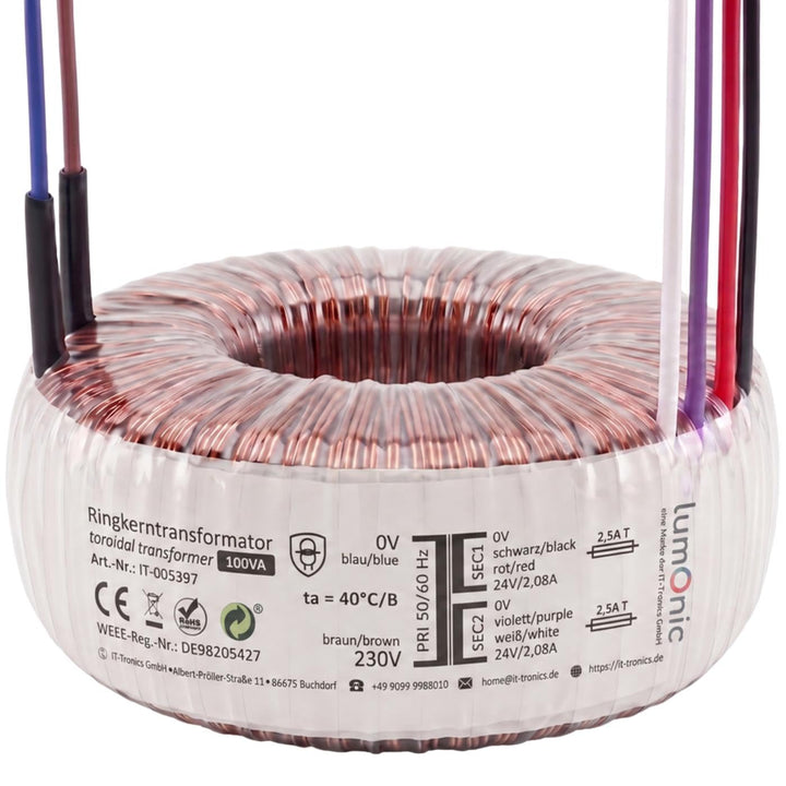 Sedlbauer Ringkerntrafo Transformator 100VA 2x24V für Audio, Industrie, Halogen und Schienensysteme