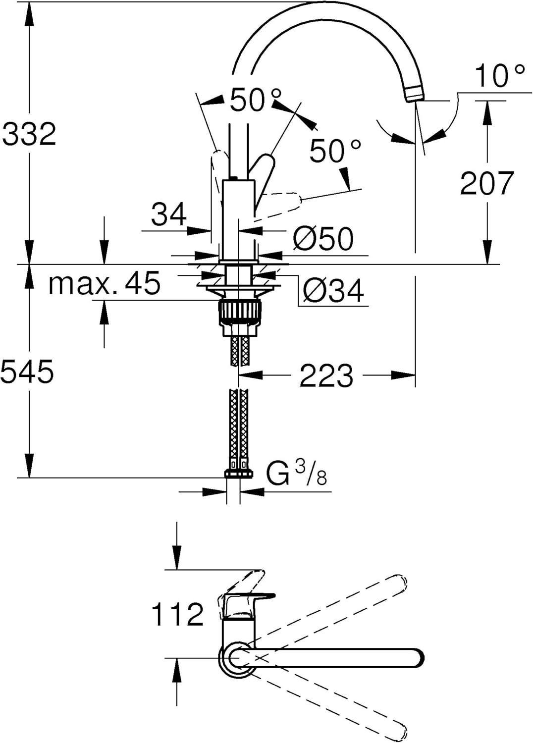 GROHE BauCurve- Einhand-Spültischarmatur (schwenkbarer Rohrauslauf 360°, langlebig, hoher Auslauf, g