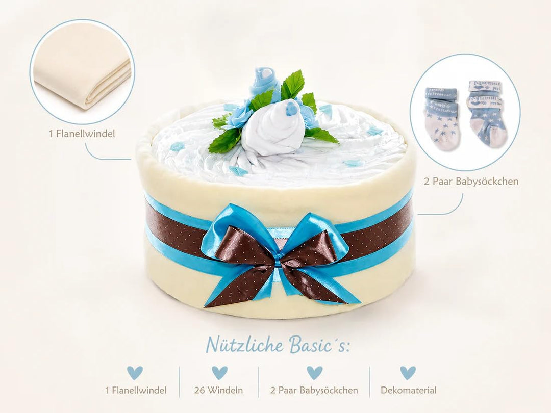 dubistda© Windeltorte CAKEBOX für Jungen blau | Geschenk für Jungs zur Geburt Babyparty Babyshower (