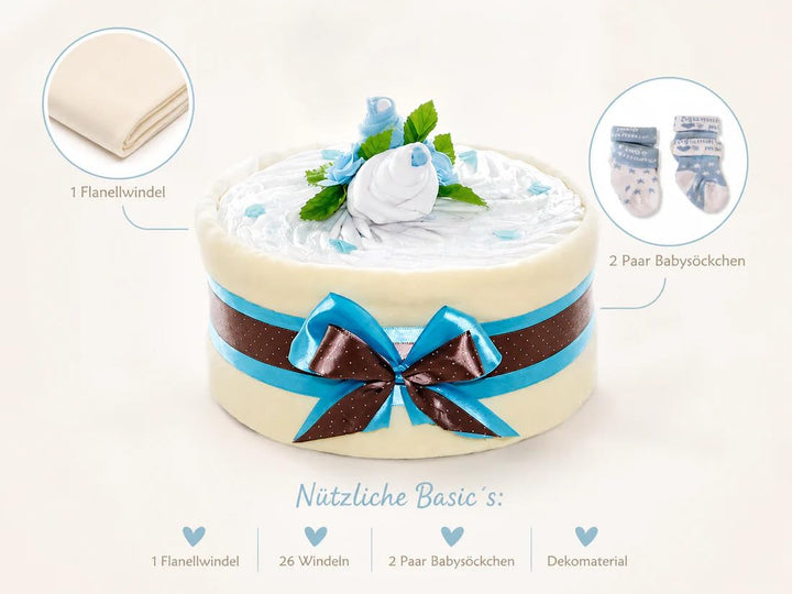 dubistda© Windeltorte CAKEBOX für Jungen blau | Geschenk für Jungs zur Geburt Babyparty Babyshower (