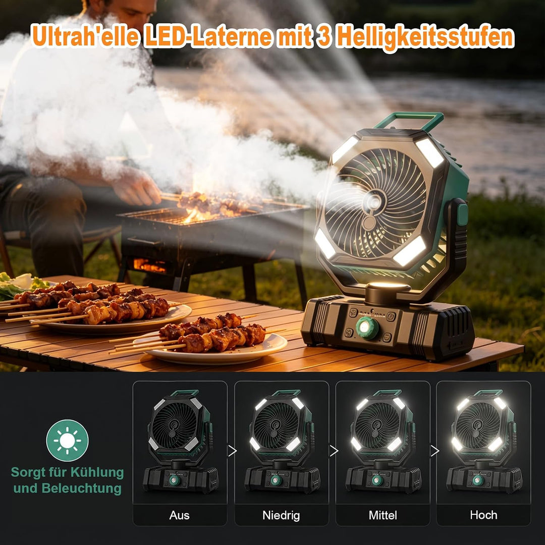 Richday Camping Ventilator mit Wasserkühlung, 20000mAh Akku, 300ml Wassertank, 2 Nebelmodi, 270° dre