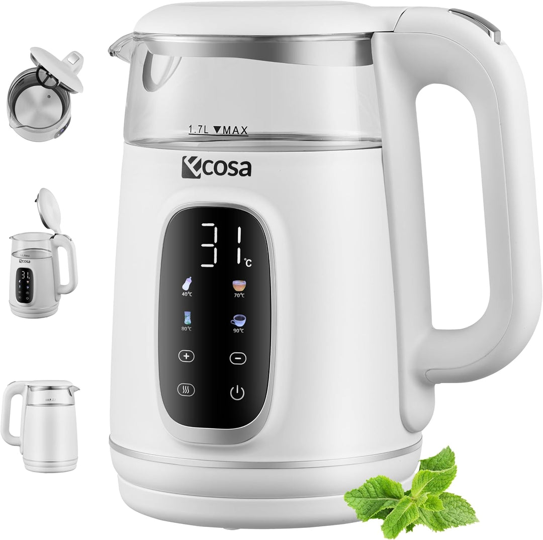 Ecosa® Wasserkocher mit Temperatureinstellung Glas Edelstahl - Teekocher - 1,7 Liter 2.200 Watt - BP