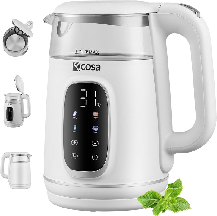 Ecosa® Wasserkocher mit Temperatureinstellung Glas Edelstahl - Teekocher - 1,7 Liter 2.200 Watt - BP