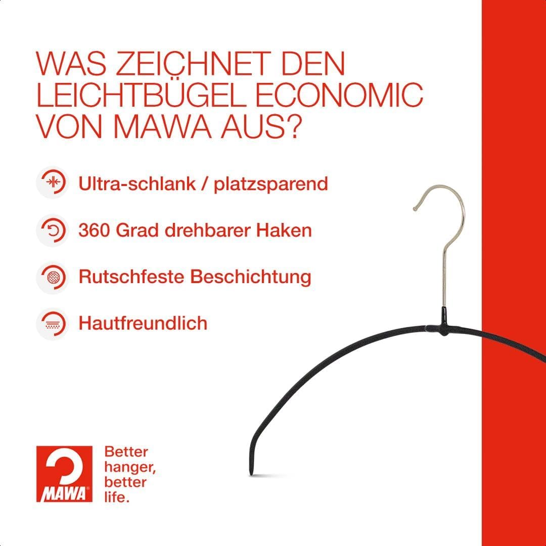 MAWA Kleiderbügel Light, Set mit 20 platzsparenden und rutschfesten Bügeln, ideal für T-Shirts, Tops