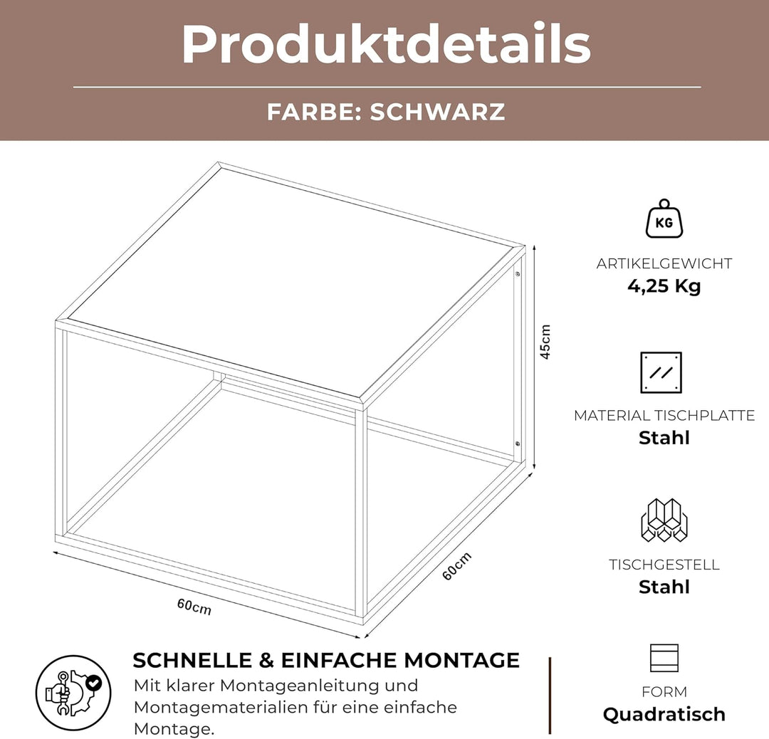[en.casa] Couchtisch Solund Beistelltisch Metall Schwarz matt Wohnzimmertisch mit Stauraum 60 x 60 x