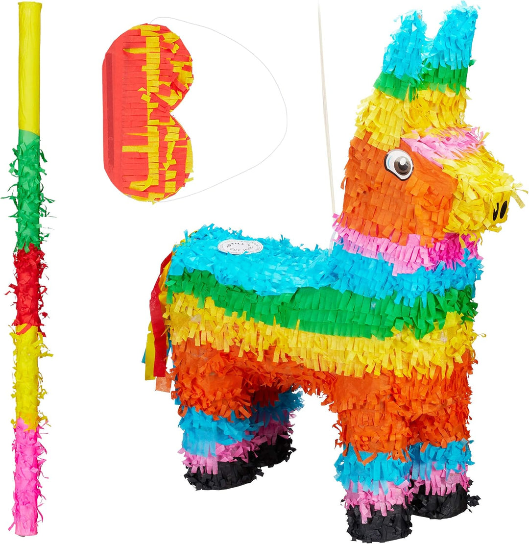 3 TLG. Pinata Set Lama, Pinatastab mit Augenmaske, Piniata für Kinder, Stock & Augenbinde, Esel Piña
