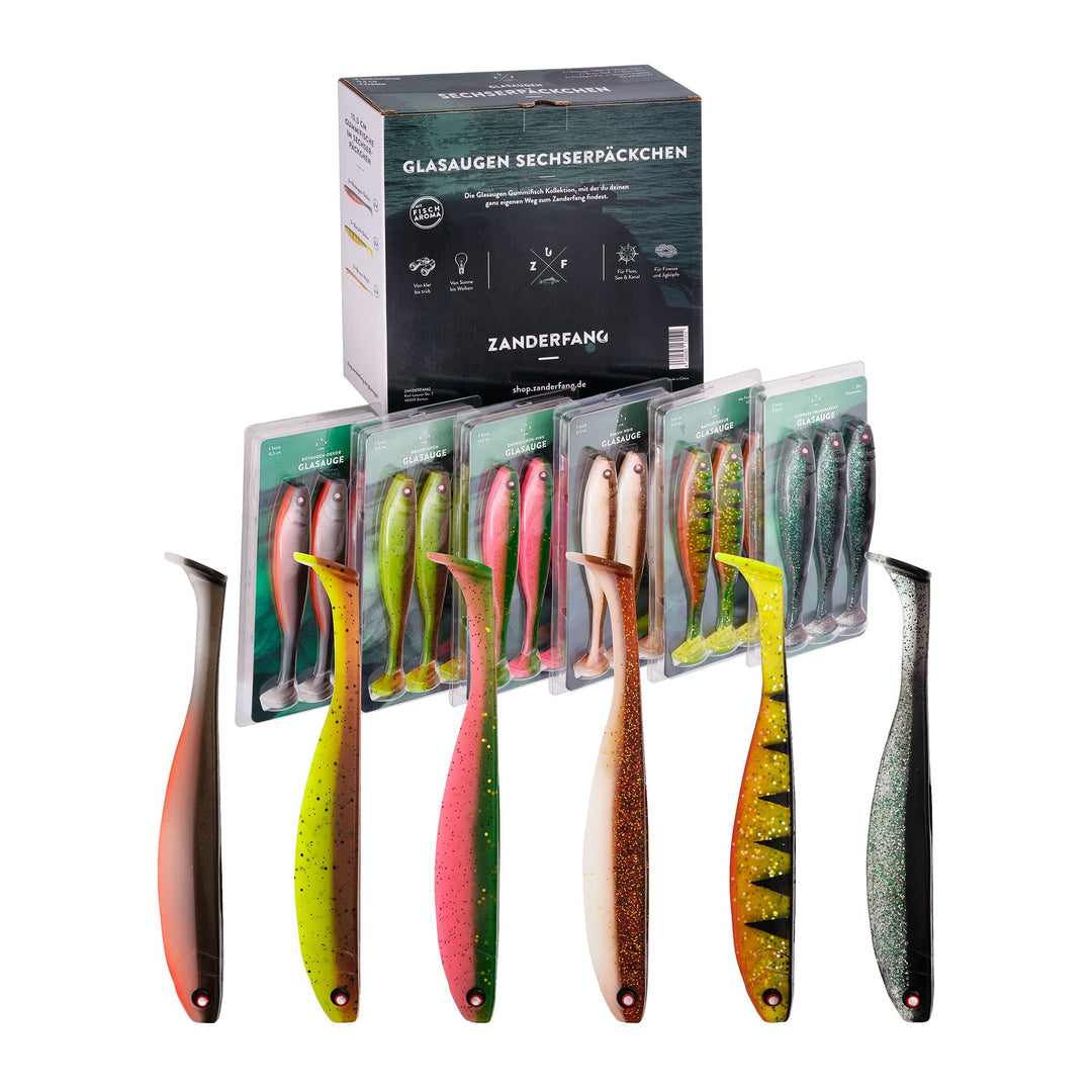 Zanderfang - Gummifische Set - Glasaugen Gummiköder für Zander, Barsch, Hecht - mit Fischaroma aroma
