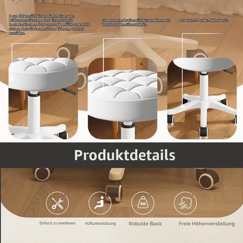 Kleiner Hocker – Runder Rollhocker mit Rädern – Höhenverstellbarer Drehschemel aus PU-Leder – Arbeit