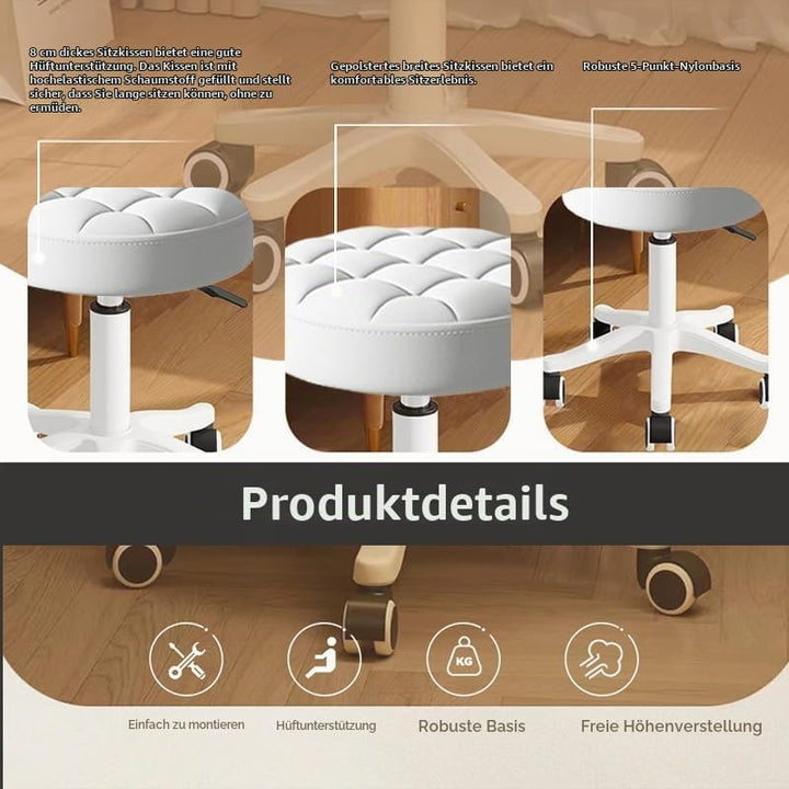 Kleiner Hocker – Runder Rollhocker mit Rädern – Höhenverstellbarer Drehschemel aus PU-Leder – Arbeit