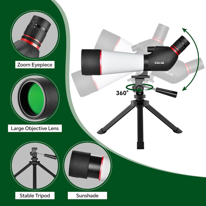 ESSLNB Spektiv 20-60X80 mit Stativ Smartphone Adapter und Tasche 100 Prozent Wasserdicht BAK4 Vollst