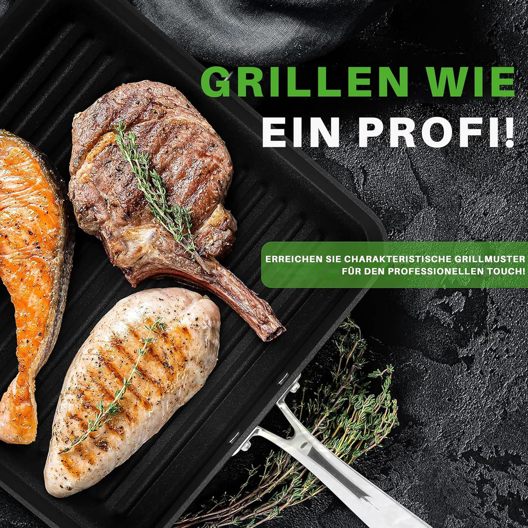 NutriChef Grillpfanne quadratische Gusseisenpfanne mit Antihaft-Rillenbeschichtung, 28 cm, Black