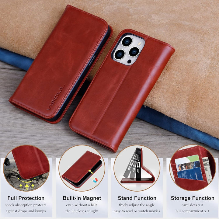 VISOUL Hülle für iPhone 14 Pro Handyhülle [Echtleder] [3 Kartenfächer] [Magnet] [Standfunktion], TPU