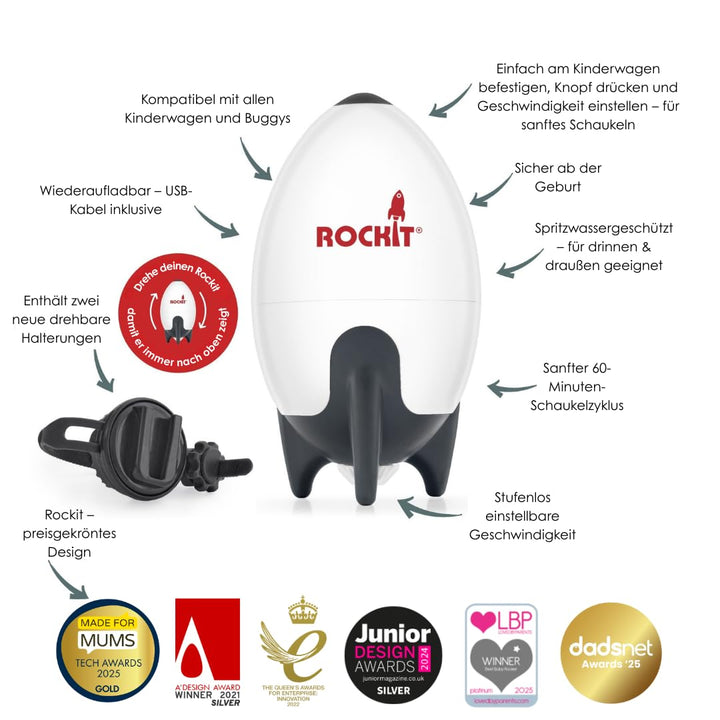 ROCKIT Kinderwagenschaukler SET -Das Original- Einschlafhilfe Baby wiederaufladbar (USB), stufenlos