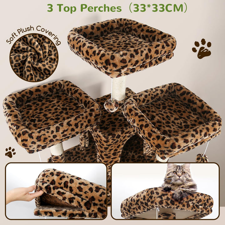 Globlazer Kratzbaum Leoparden Stabil 174 cm mit 3 Gepolsterte Sitzstangen, 2 Katzenhaus, 2 Korb, Abn