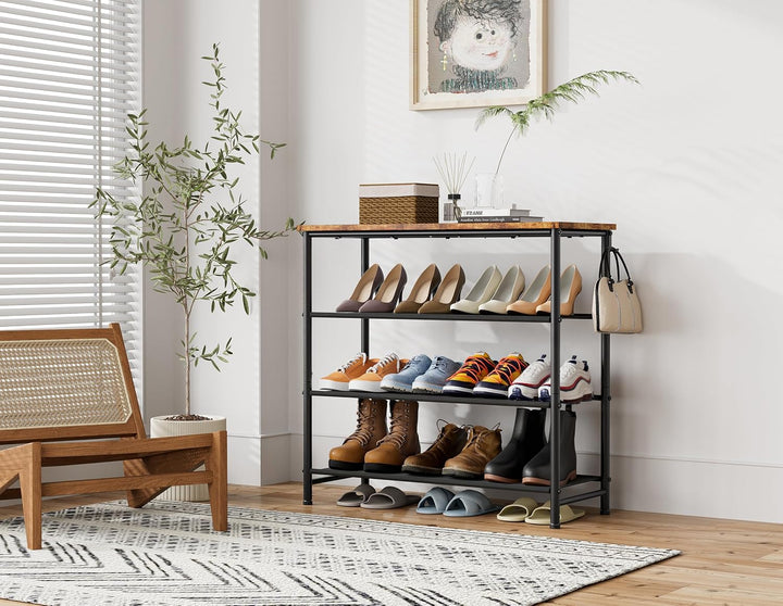 HOMIDEC Schuhregal,4-Ebenen Schuhablage mit Holzbrett als oberstes Regal,Schuhaufbewahrung für 12-16