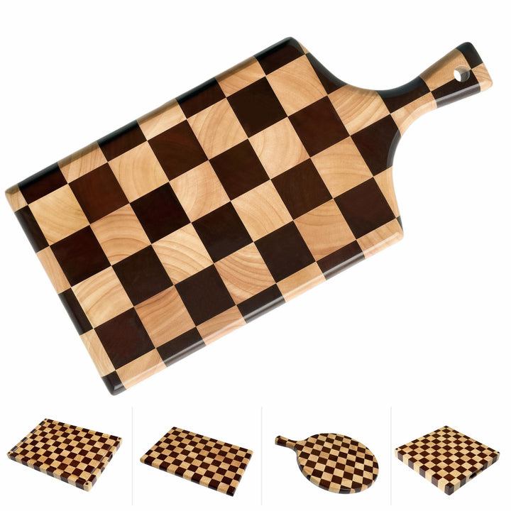 Kariertes Schneidebrett aus Holz mit Griff, Akazienholz | 38 x 18 x 2,5 cm | Käse- und Wurstbrett |