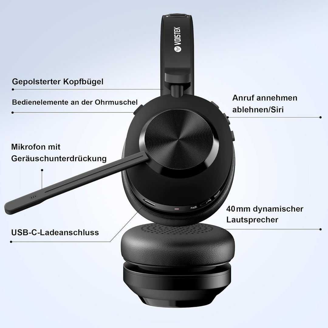 Kabelloses Headset, Bluetooth On-Ear Headset mit Mikrofon und Rauschunterdrückung,USB-Dongle für PC,