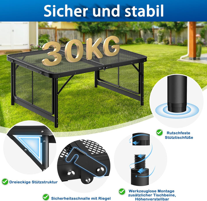 Tragbarer Campingtisch 90x60cm, Höhenverstellbar & Klappbar Gartentisch mit Metallgitterplatte, Erwe