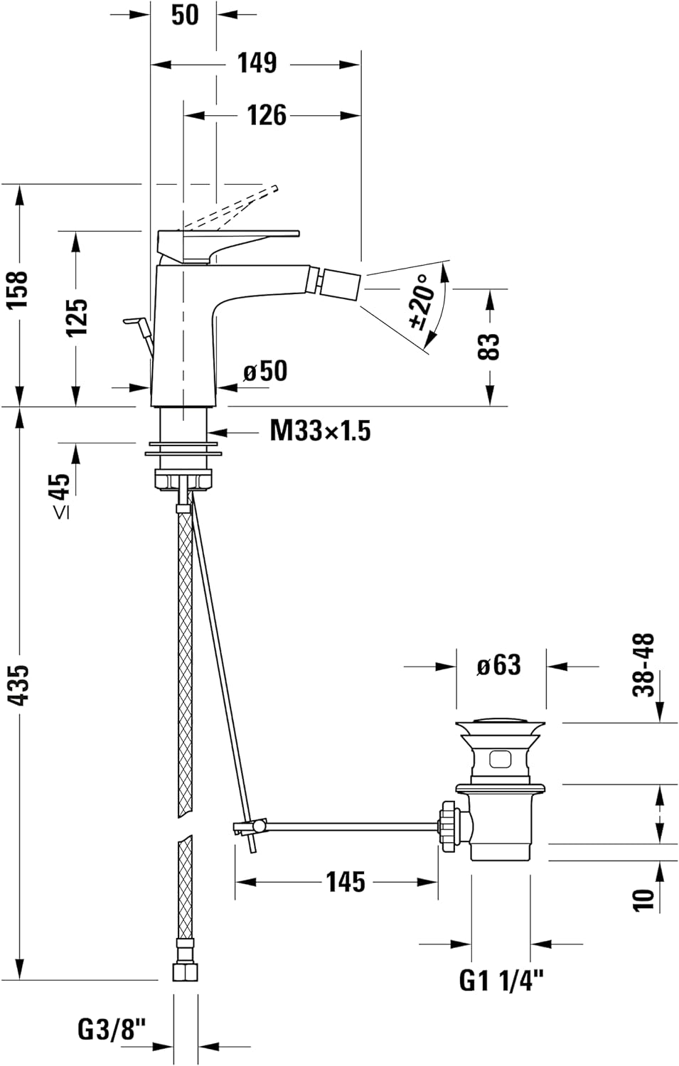 Duravit Tulum Einhebel-Bidetarmatur (Auslauf Höhe 83 mm), Bidetmischer mit Zugstangen-Ablaufgarnitur