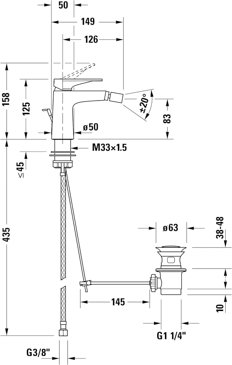 Duravit Tulum Einhebel-Bidetarmatur (Auslauf Höhe 83 mm), Bidetmischer mit Zugstangen-Ablaufgarnitur