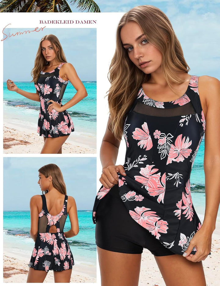Durio Badekleid Damen Badeanzug Bauchweg Push Up Einteilig Netzstoff Rückenfrei Elegant Bademode mit
