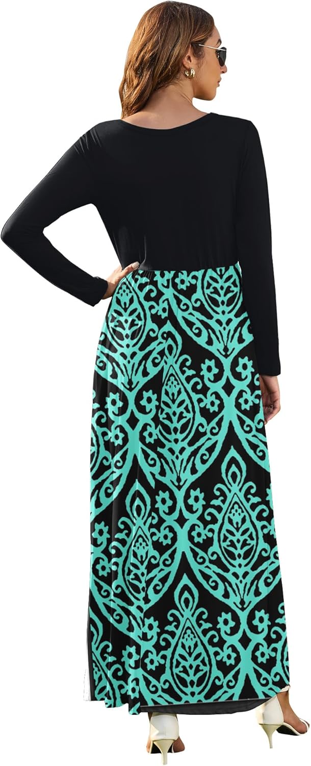 AUSELILY Damen Langarm Maxikleider Lässige Langkleider mit Taschen Winter S Schwarz Grün, S Schwarz
