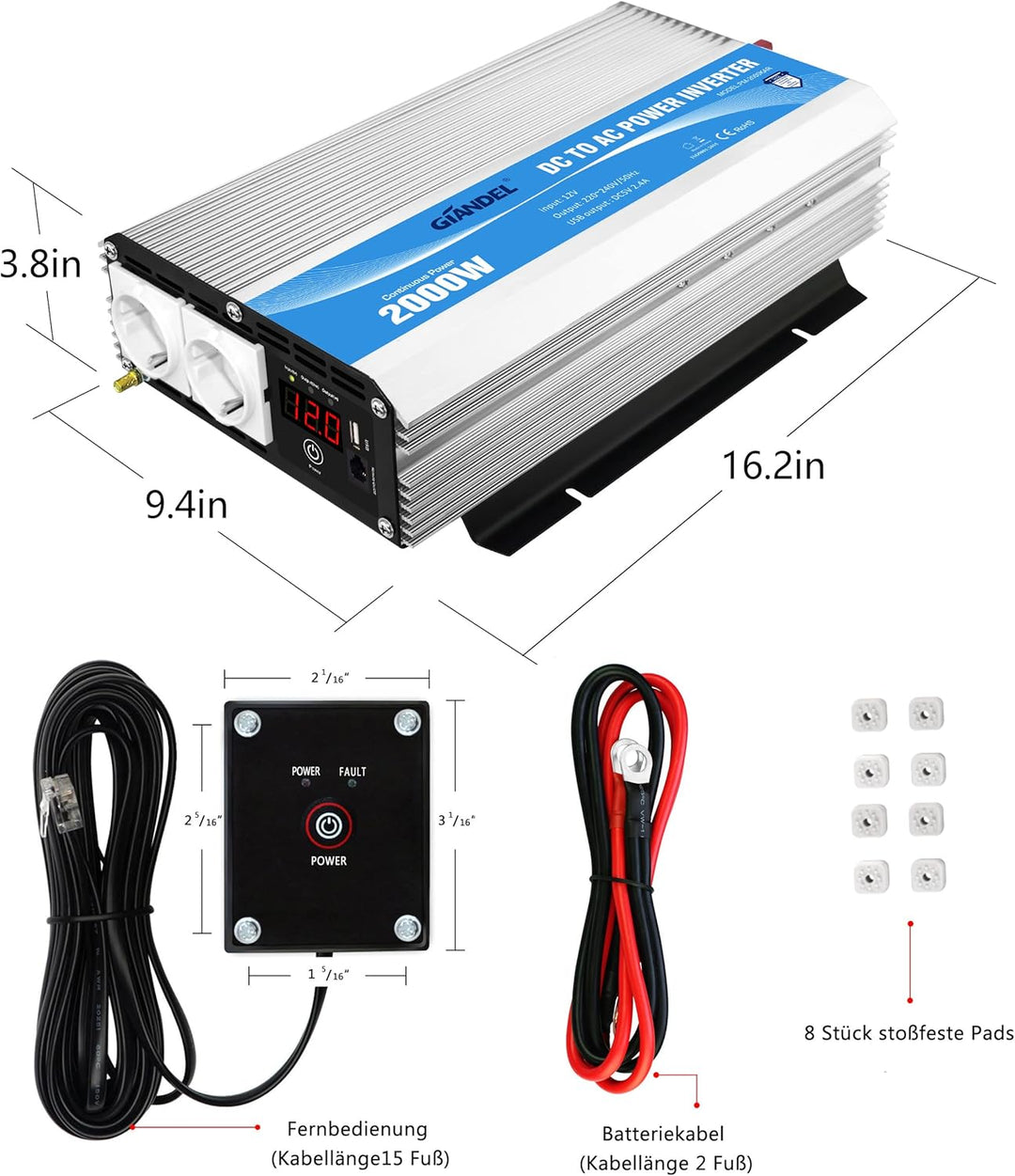 GIANDEL 2000W Modifizierter Welle Wechselrichter 12V auf 230V Spannungswandler Kompatibel Lithium-Ba