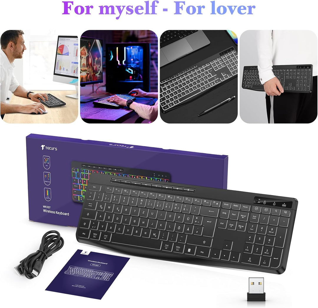 TECURS Tastatur Kabellos Gaming PC- Leise Tastatur QWERTZ Weiss Beleuchtet Ergonomisch Wasserdicht,
