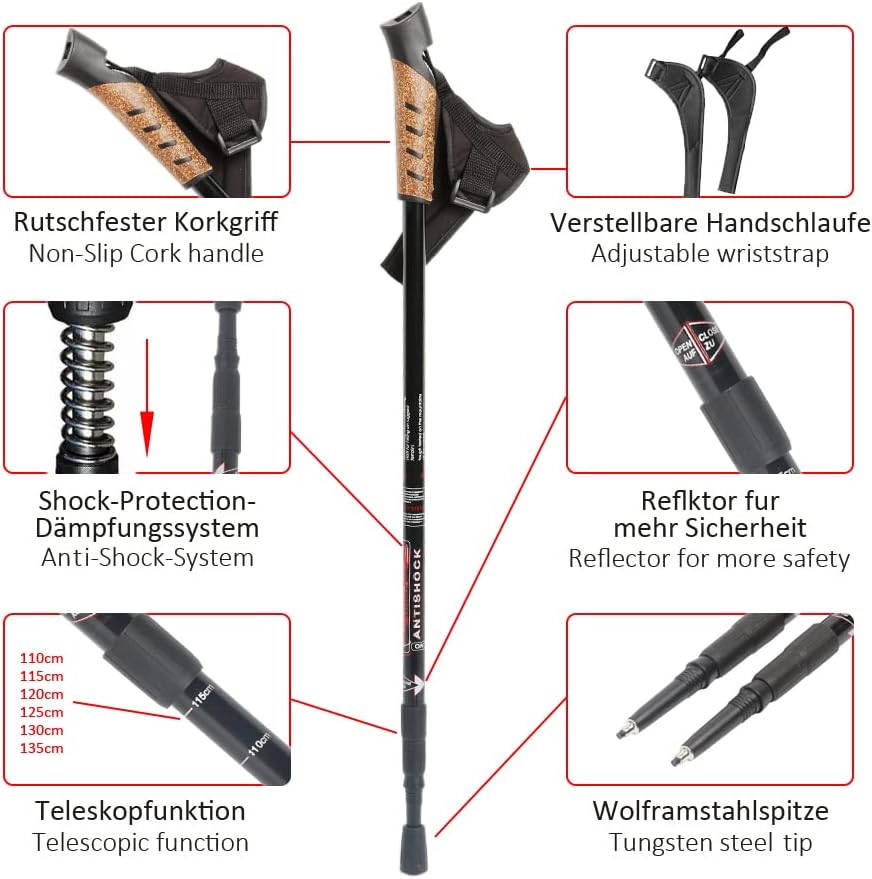 Melko Walking Stöcke aus Duraluminium, 2er Set, frei verstellbar durch Teleskop-System 65 – 135 cm G