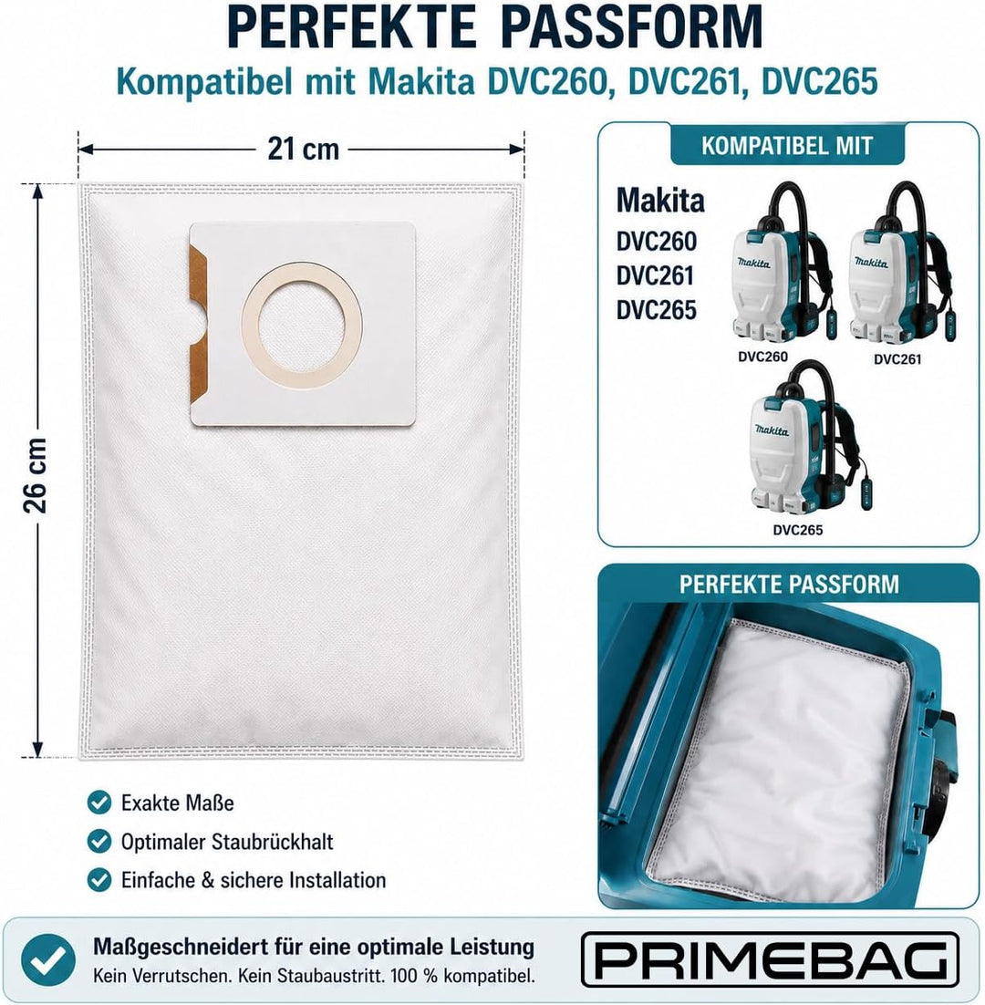 PREMIUM SET - 10 Staubbeutel 1 Filter kompatibel zu Makita DVC260 261 265 Z XU X15 197903-8 - 1A QUA